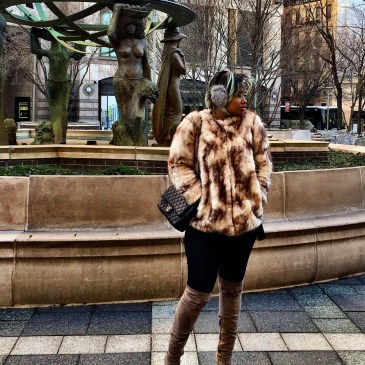 fur coat chanel bag thigh high boots